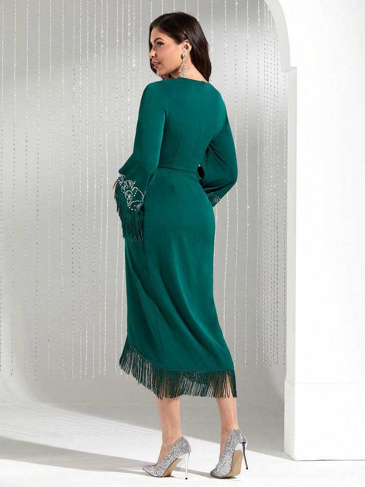 Women's Patchwork Fringed Sleeve Hem Dress Long Evening Dresses