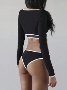 INAWLY Women Two-piece Outfits Tombol Contrast Binding Plain Seksi - Hitam - View 2