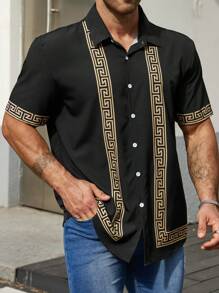 Manfinity Homme 男士加大尺寸馬賽克圖案拼接短袖襯衫，扣上圖案休閒襯衫適用於外出 - 彩色 - 查看 6