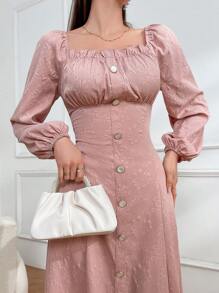 Seusyu Của phụ nữ Hình vuông Đường viền cổ áo Tay áo lồng đèn Đầm Với Viền trang trí - Hồng - Xem 4