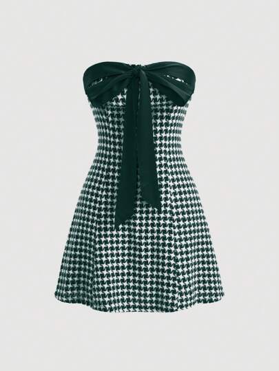 SHEIN MOD 女士犬牙紋蝴蝶結露肩連衣裙