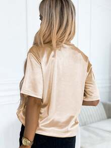 女款短袖立領緞面 T 卹 - 杏色 - 查看 2