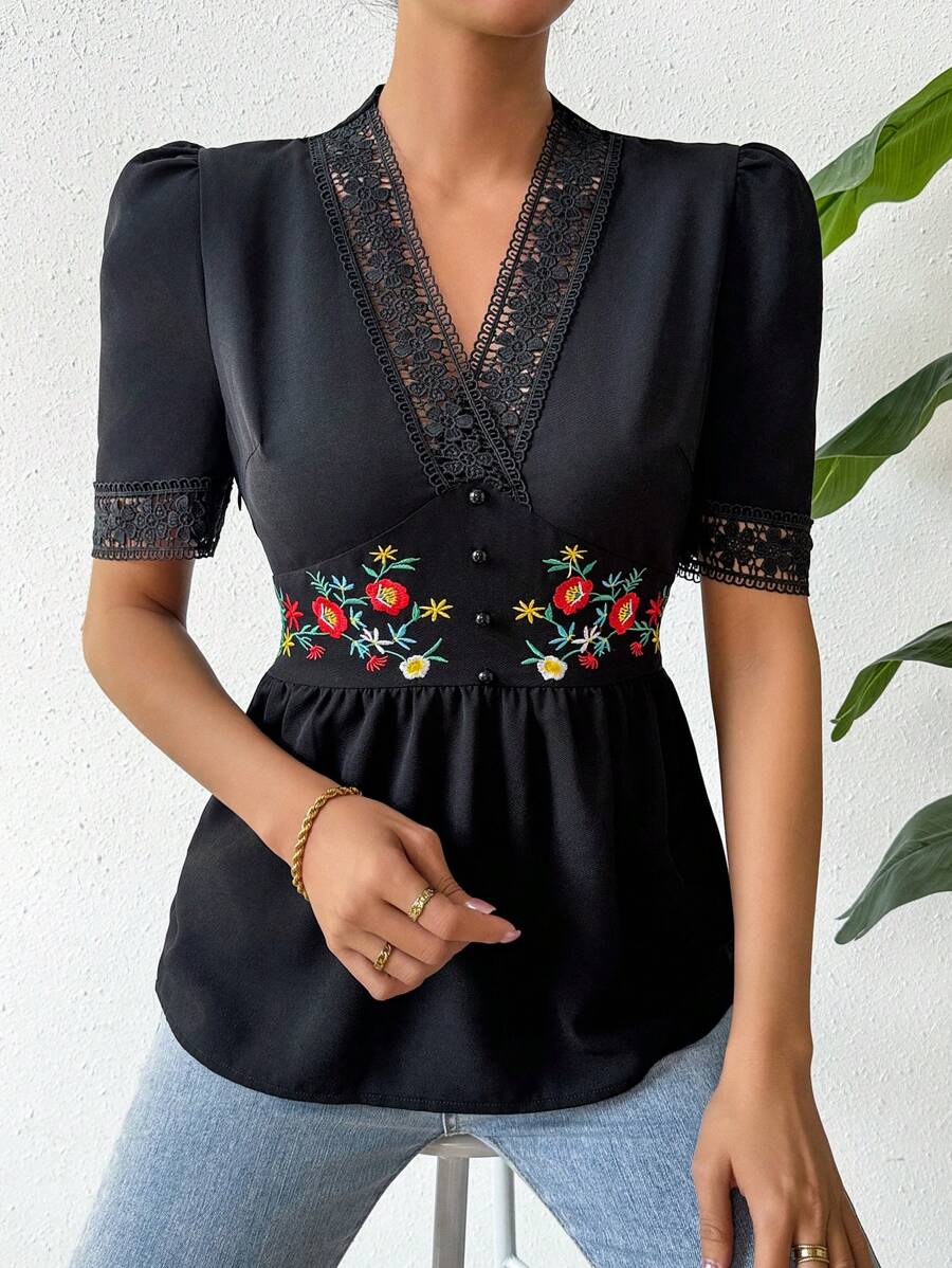 SHEIN Unity 刺繡花邊拼接泡泡袖襯衫