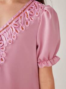 SHEIN Vestido Elegante Con Cuello En V Y Adornos De Lentejuelas Para Niña Tween