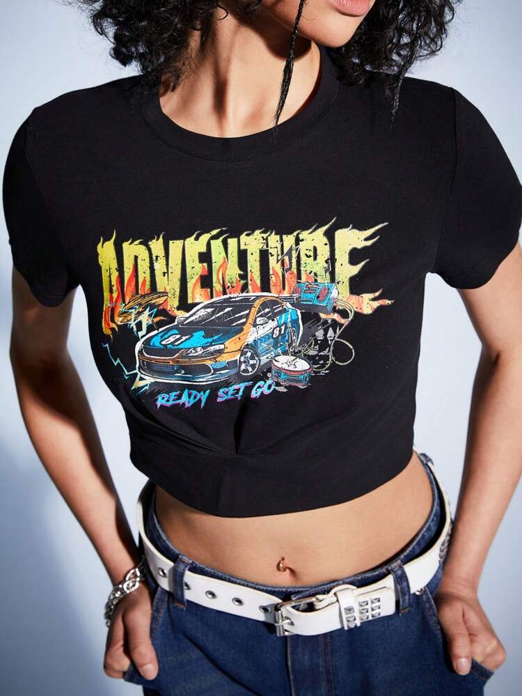 Women's Short Sleeve T-Shirt With Letter And Car Print