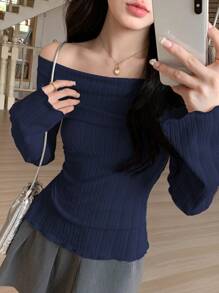 DAZY Women's Solid Color Slim Fit Off The Shoulder Long Sleeve T-Shirt, Autumn,Back To School Clothes Preppy Tops,Fall Women Clothes Off Shoulder Top - Navy Blue - View 5