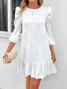 SHEIN Clasi Women's Round Neck Puffy Sleeve Dress With Ruffle Hem, Without Waist Belt - White - View 6