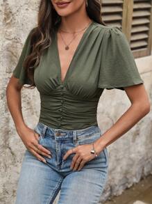 SHEIN Clasi 女士蝴蝶袖荷葉邊合身襯衫 - 軍綠色 - 查看 7