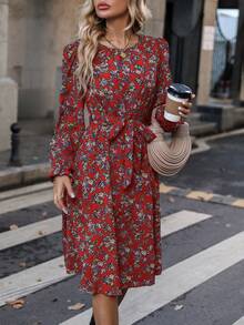 Váy dài tay họa tiết hoa nhỏ xinh dành cho nữ - Đỏ - Xem 4