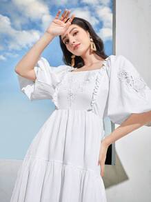 Seusyu Women's Lace Patchwork Puff Sleeve Dress - White - View 4