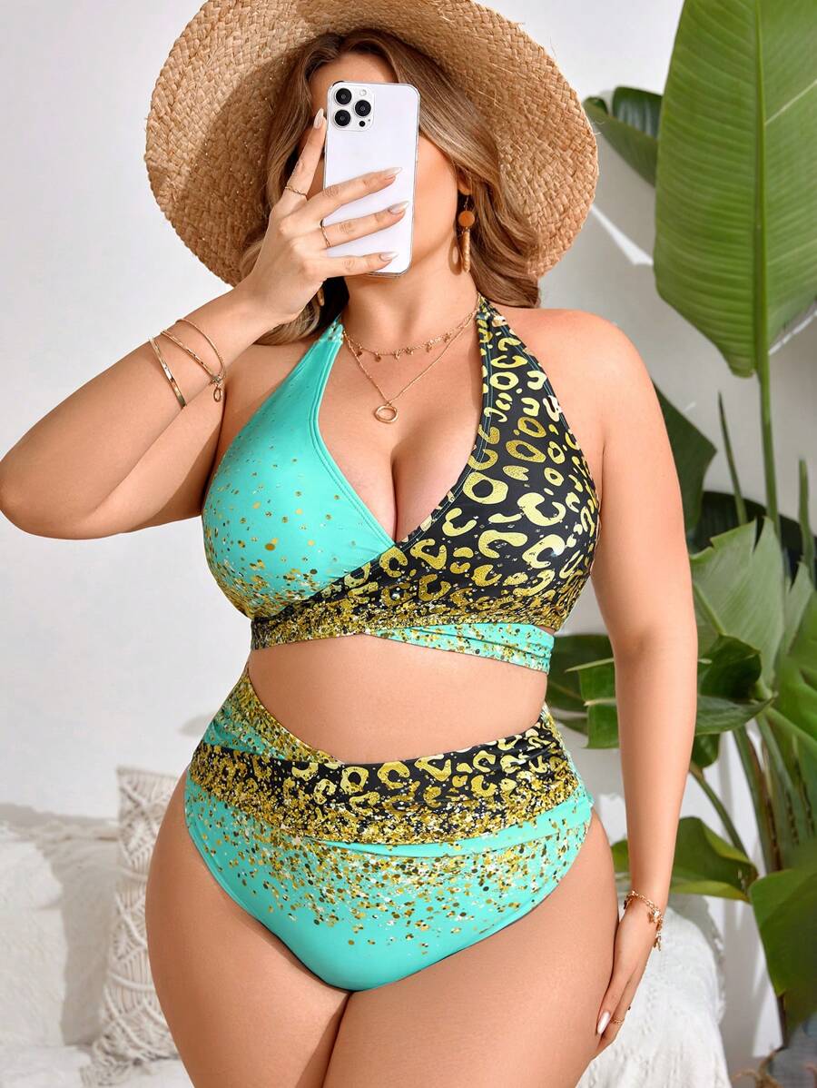 SHEIN Swim Curve Plus Size Women's Leopard Splice Halter Neck Bikini Set With Buckle, Summer Summer Beach - Multicolor - View 1