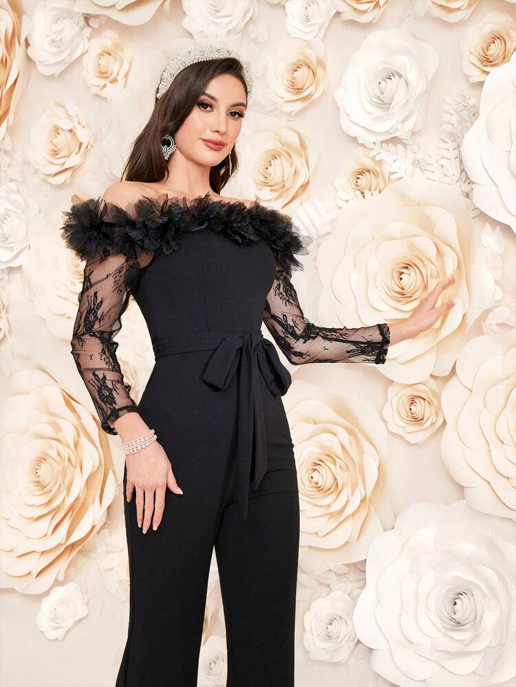 Women's Lace Spliced Off Shoulder Long Sleeve Jumpsuit