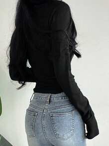 DAZY 女式长袖褶皱T恤，秋季学院风上衣 - 黑色 - 查看 2
