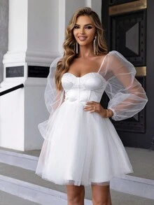 Joyfunear Women's Mesh Patchwork Sweetheart Collar Dress - White - View 3