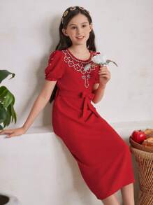 SHEIN Girls' Gorgeous Medium-Long Woven Dress - Red - View 3