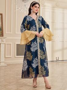 Al Najma Women's Arabian Style Plant Print Patchwork Tape Dress - Navy Blue - View 6