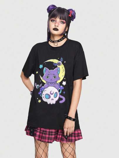 Kawaii Casual Loose Cat & Moon Printed T-Shirt