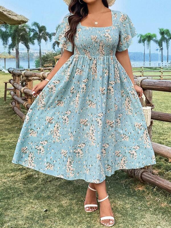 Sunnyshic Plus Size Women's Shirred Floral Print Dress Maxi Vacation Beach Outfit