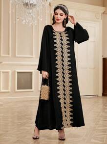 Al Najma Floral Applique Decoration Long Dress - Black - View 6