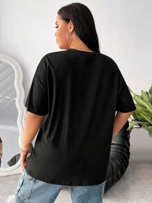 SHEIN EZwear Plus Alien & Slogan Graphic Drop Shoulder Tee - Black - View 2
