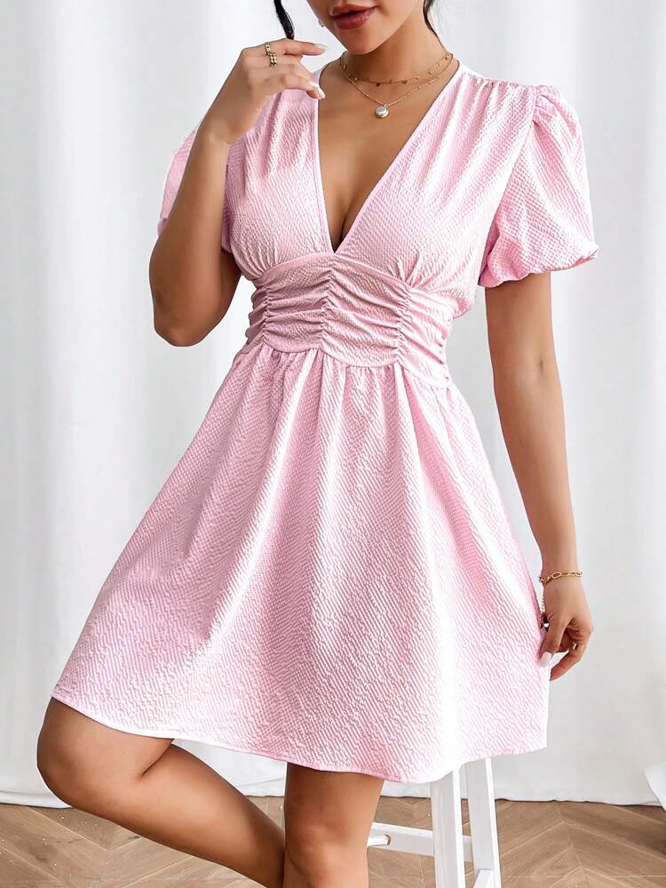 Solid Color Deep V-Neck Pleated Puff Sleeve Dress