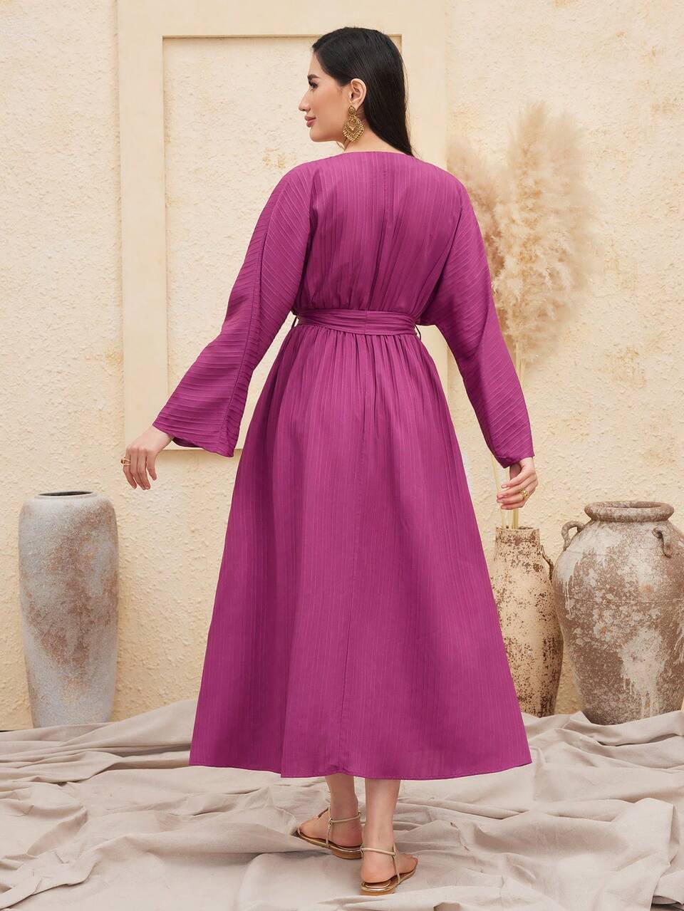 Crystal Decorated V-Neck Waist Cinched Dress