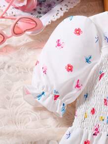 女童花卉印花泡泡袖公主裙 - 白色 - 查看 4