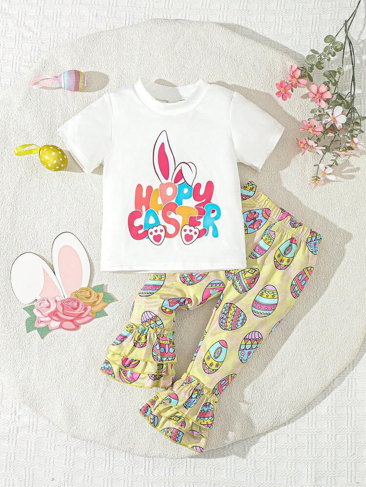 2pcs/Set Baby Girl Letter Printed Cartoon Bunny Ear Short Sleeve T-Shirt And Flared Pants Summer Outfits