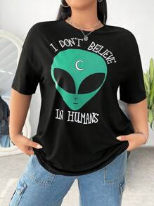 SHEIN EZwear Plus Alien & Slogan Graphic Drop Shoulder Tee - Black - View 5