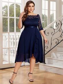 MIUSOL Vestido de fiesta con volantes, hombros descubiertos, encaje floral y mangas cortas, para fiesta, otoño, boda, graduación, cena - Azul Marino - Ver 5