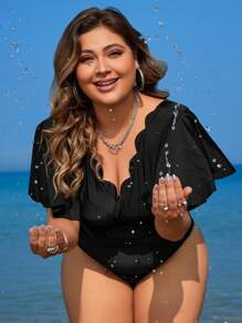 Swim Lushoire Summer Beach Plus Size Scallop Edge Decorated V-Neck Short Flare Sleeve One-Piece Swimsuit