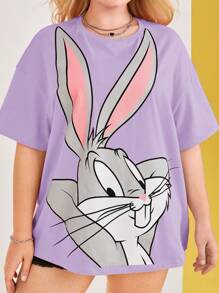LOONEY TUNES X SHEIN Plus Cartoon Print Drop Shoulder T-Shirt For Summer - Mauve Purple - View 7