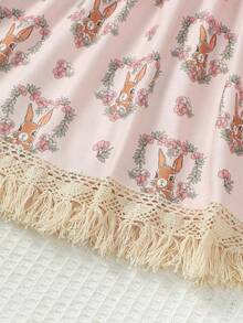 SHEIN Young Girls' Rabbit Print Round Neck Dress - Pink - View 6