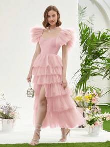 Enchnt Women's Mesh Spliced Flounce Sleeve Cake Hem Dress - Pink - View 5