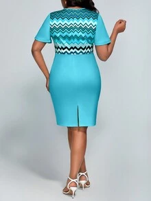 SHEIN Lady 加大尺碼女士短袖連衣裙,帶有波浪幾何圖案 - 彩色 - 查看 2