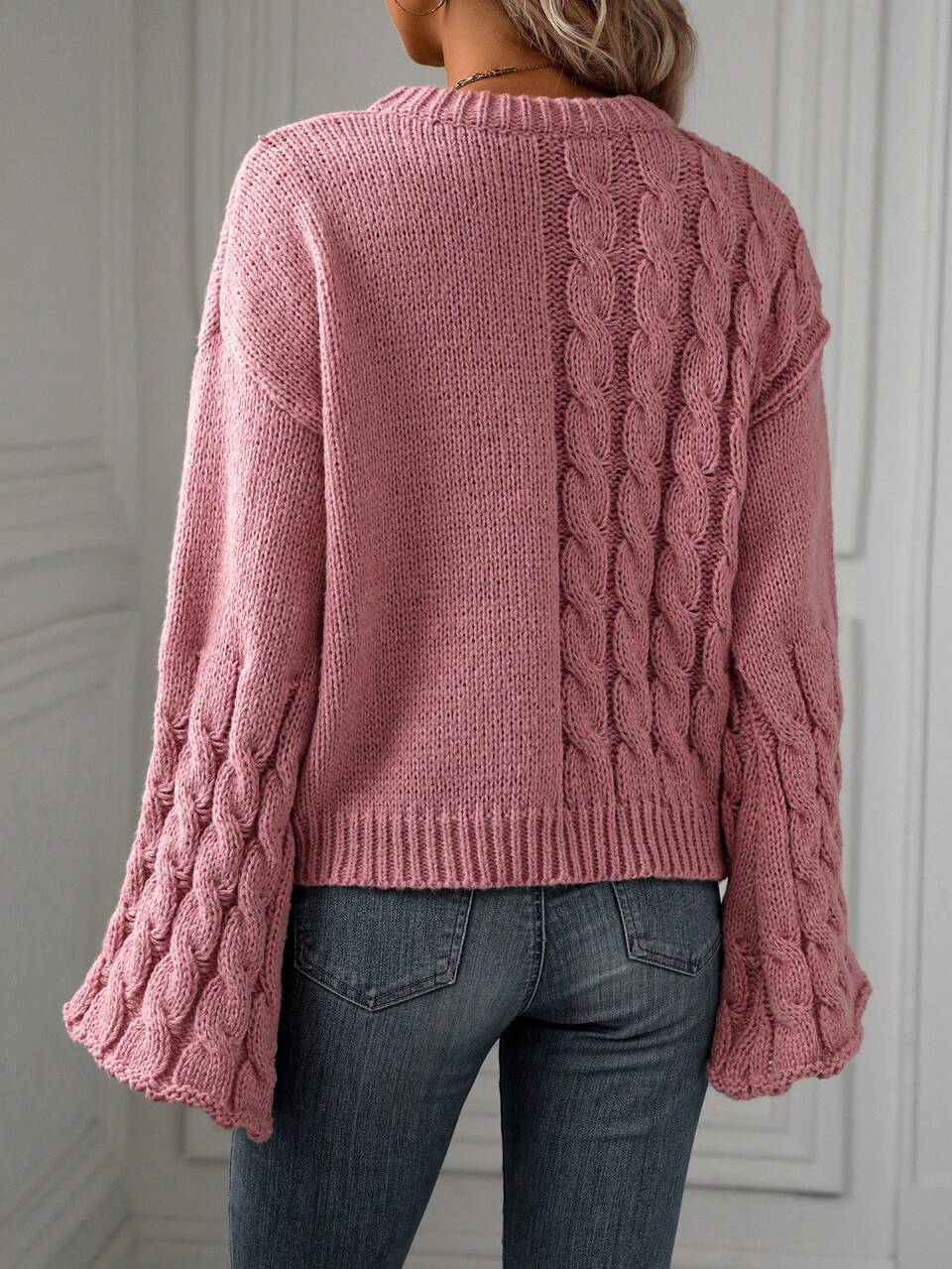 Women's Solid Color Cable Knitted Sweater With Round Neckline And Drop Shoulder, Fall Winter