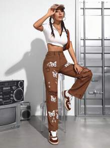 SHEIN PETITE Ladies' Butterfly Print Ripped Jeans