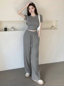 DAZY Bộ đồ hai mảnh mùa hè dành cho nữ, gồm áo thun ngắn tay cổ tròn và quần dài. - Xám - Xem 2