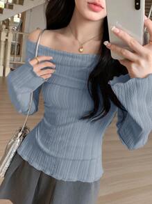 DAZY Áo thun dài tay hở vai màu trơn đơn giản cho nữ mùa thu, quần áo mùa thu hở vai cho nữ - Màu xanh lam - Xem 5