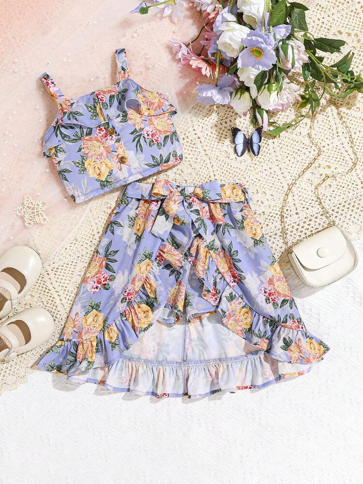 Baby Girl Summer Vacation Floral Patterned Strap Top With Ruffle Hem, Belt And Skirt Set