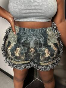Slaydiva 大码女式夏季人物印花流苏短裤 - 彩色 - 查看 3