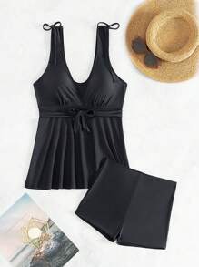 SHEIN Swim Women's Pintuck Racerback Tankini Swimsuit - Black - View 4