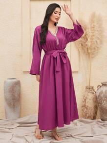 Al Najma Crystal Decorated V-Neck Waist Cinched Dress - Purple - View 7