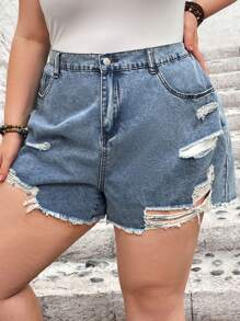 SHEIN CURVE+ Pantaloni scurți din denim zdrobiți de mărime mare de damă - Albastru - Vizualizare 1