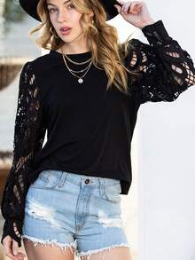 Acelitt Women's Round Neck Elegant Water-Soluble Lace Lantern Sleeve T-Shirt - Black - View 5