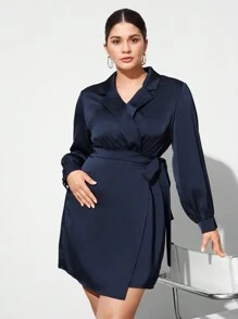 BizChic Plus Size Solid Color Surplice Wrap Belted Dress - Navy Blue - View 7