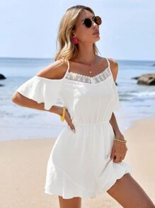 SHEIN VCAY 女款度假露肩蕾絲拼接連身褲 - 白色 - 查看 3