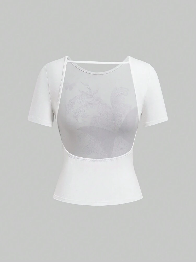 Vintage Butterfly Vine Pattern Printed Rhinestone Sexy Backless Slim Fit Women's T-Shirt