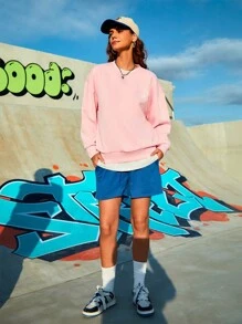 SHEIN Sports Women's Heart Pattern Round Neck Drop Shoulder Sports Sweatshirt - Baby Blue - View 3