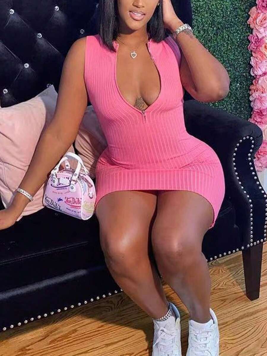 Fashionable Bodycon Zipper Ribbed Soft And Sexy Nightclub Mini Dress - Dusty Pink - View 1